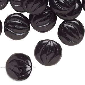 Bead, Czech pressed glass, opaque black, 14mm puffed flat round. Sold per 2-ounce pkg, approximately 37 beads.