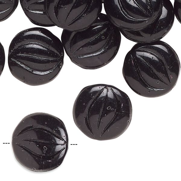 Bead, Czech pressed glass, opaque black, 14mm puffed flat round. Sold per 2-ounce pkg, approximately 37 beads. image number 0