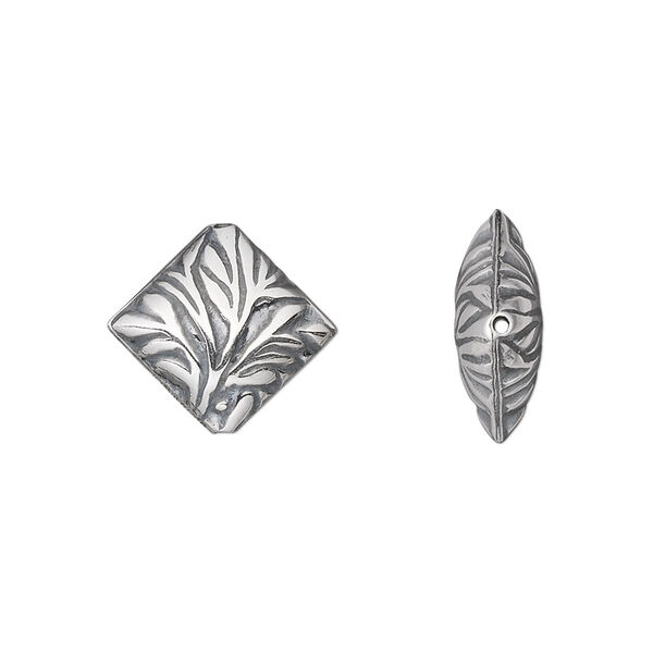 Bead, antiqued sterling silver, 15x15mm puffed textured diamond. Sold individually. image number 0
