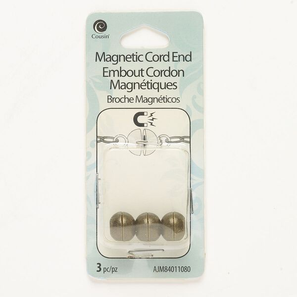 Clasp magnetic 1pkg3, 11x9mm rondelle / fits 3mm cord, antique brass-finished steel 1-strand image number 0