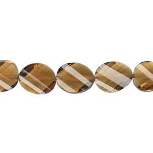 Golden quartz 1pkg5, hand-cut faceted twisted flat oval bead 11x9mm