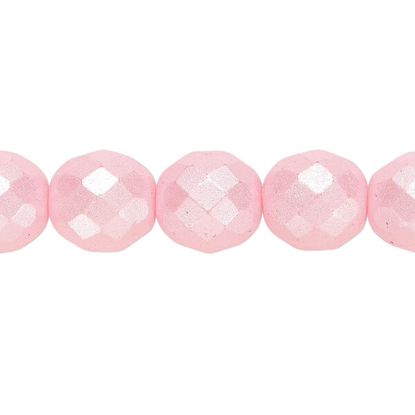 Bead, Czech fire-polished dipped décor glass, pkg/15-1/2 to 16 inches, 12mm faceted round, opaque pearlescent light pink, (00030-02373). image number 0