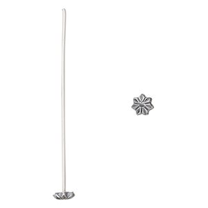 Head pin, antiqued sterling silver, 2-inches long with 6mm flower, 20 gauge. Sold per pkg 4.