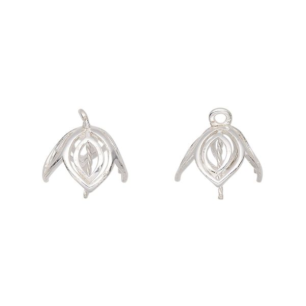 Cup, silver-plated brass, 10mm open leaves with twisted peg, fits 8-10mm bead. Sold individually. image number 0