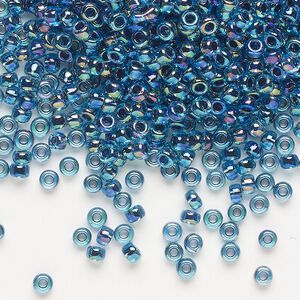 Seed bead, Miyuki, glass, pkg/250g, #8 rocaille, translucent blue-lined rainbow aqua (RR-339).