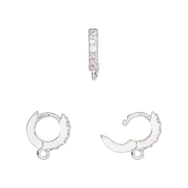 Hoop, silver-finished brass and cubic zirconia, clear, 11mm hoop, 18 gauge. Sold per pair. image number 0