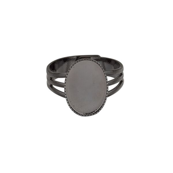 Ring, gunmetal-plated brass, 15x11mm with 14x10mm oval setting, adjustable from size 7-8. Sold per pkg of 6. image number 0
