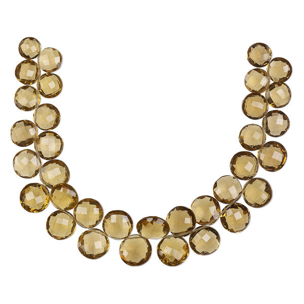 Bead, golden quartz (heated), 9-14mm graduated hand-cut top-drilled faceted puffed flat round, B+ grade, Mohs hardness 7. Sold per 7-inch strand. image number 0