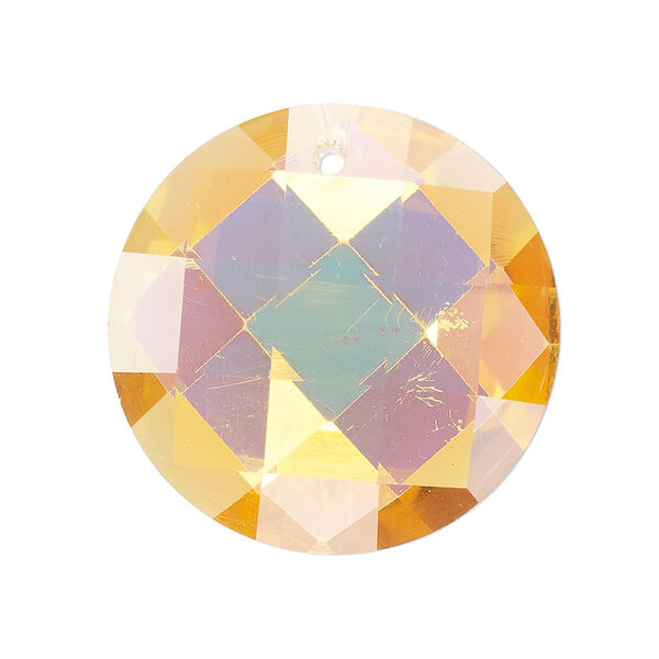 Focal, glass, pkg/1, 30mm top-drilled faceted puffed flat round, translucent sun yellow. image number 0