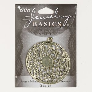 Focal, gold-finished "pewter" (zinc-based alloy), 47-48mm double-sided round with scroll design. Sold per pkg of 2.