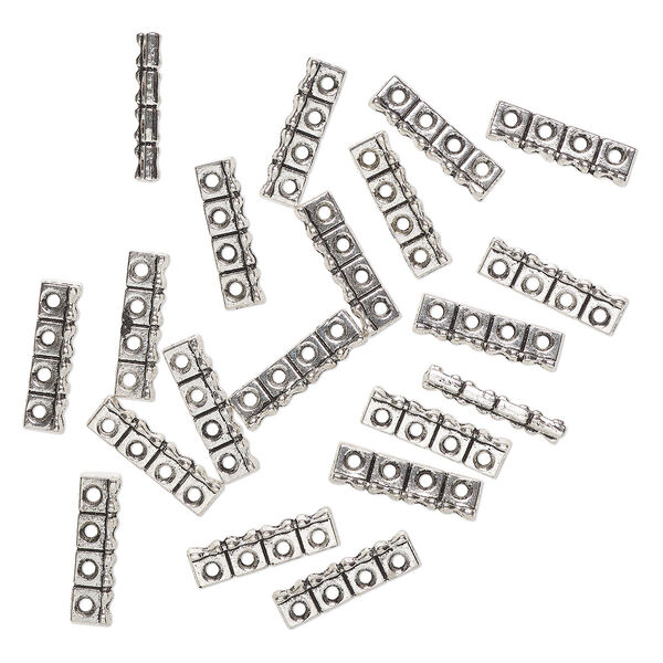 Bead, spacer, "pewter" (zinc-based alloy), pkg/20, 22x6mm 4-strand rectangle with hourglass design, antique silver finish, fits up to 6mm beads. image number 0