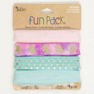 Cord, elastic 1pkg4, pink / teal / gold, 15-16mm flat, 1.5 meter sections.