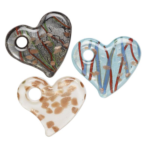Random focal mix, lampworked glass, opaque to transparent mixed colors, 50x45mm-51x49mm falling heart with  silver-colored foil and copper-colored glitter. Sold per pkg of 3. image number 0