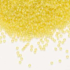 Seed bead, Miyuki, glass, pkg/35g, #15 rocaille, translucent rainbow yellow (RR-252).