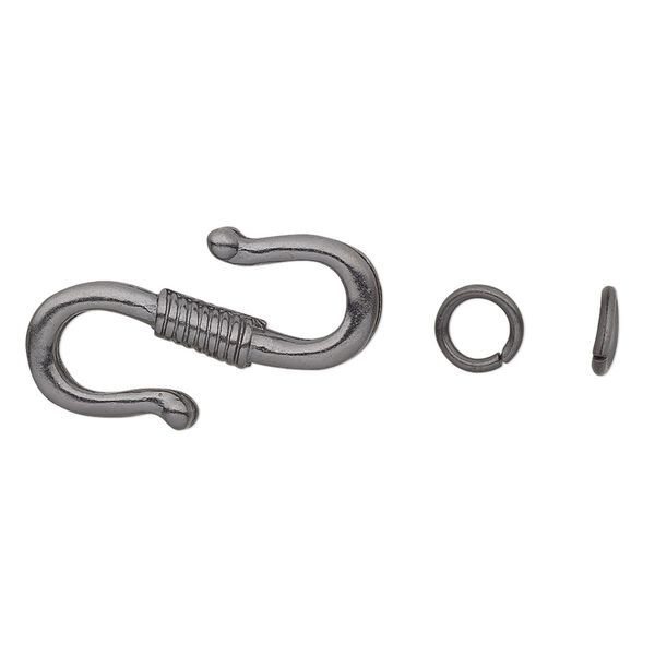 Clasp, S-hook, gunmetal-finished "pewter" (zinc-based alloy), 23x14mm double-sided with rope wrap design and 6mm jump ring. Sold per pkg of 12. image number 0