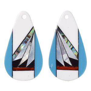 Drop, black lip shell / paua shell / resin, multicolored, 28x15mm single-sided right- and left-facing flat teardrop. Sold per pkg of 2.