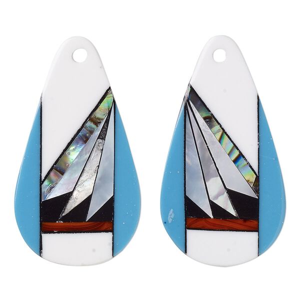 Drop, black lip shell / paua shell / resin, multicolored, 28x15mm single-sided right- and left-facing flat teardrop. Sold per pkg of 2. image number 0