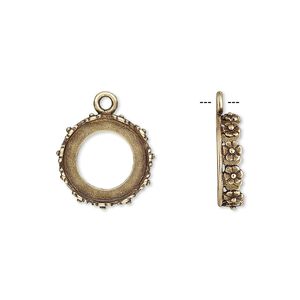 Drop, JBB Findings, antiqued brass, 14.5mm round with open back and flower design trim, 12mm round bezel setting. Sold per pkg of 2.