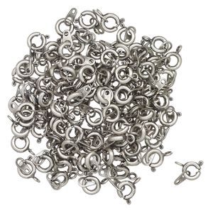 Clasp, springring, imitation rhodium-finished "pewter" (zinc-based alloy), 6mm round. Sold per pkg of 100.