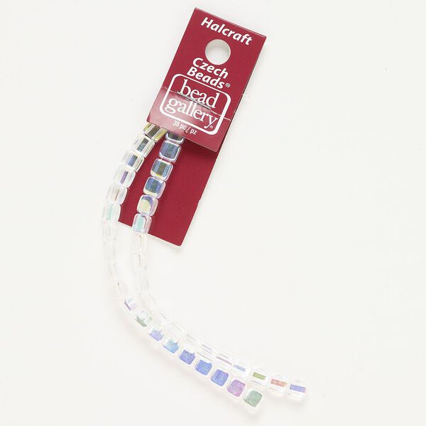 Bead, glass, translucent clear AB, 6mm 2-strand flat square, fits up to 3.5mm beads. Sold per pkg of 37. image number 0
