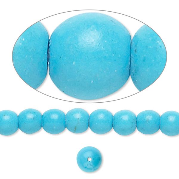 Bead, magnesite (dyed / stabilized), blue, 6mm round, B grade, Mohs hardness 3-1/2 to 4. Sold per 15-1/2" to 16" strand. image number 0