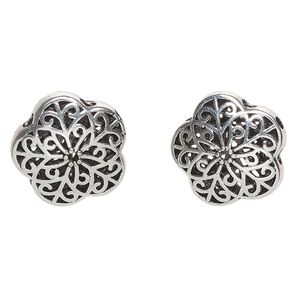 Bead, "pewter" (zinc-based alloy), pkg/2, 18mm flower with cutout design, antique silver finish.