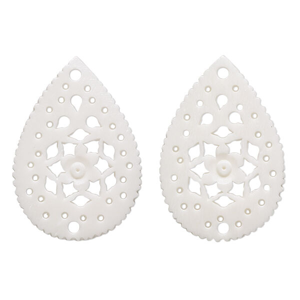 Link, camel bone (bleached), white, 30x21mm hand-cut single-sided flat teardrop with cutout flower design, Mohs hardness 2-1/2. Sold per pkg of 2. image number 0