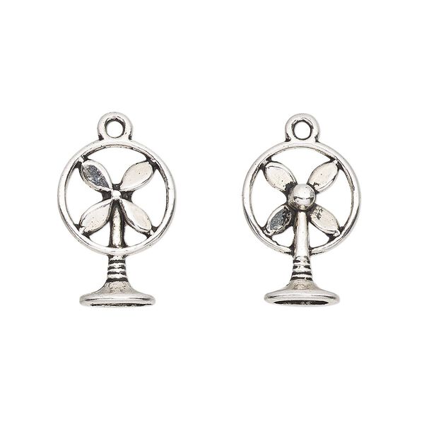 Charm, antique silver-finished "pewter" (zinc-based alloy), 17x12.5mm 3D fan. Sold per pkg of 4. image number 0