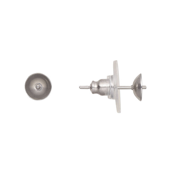 Earstud, stainless steel / acrylic / rubber, clear, 6mm cup with 2mm peg, fits 8-10mm half-drilled bead. Sold per pkg of 10 pairs. image number 0