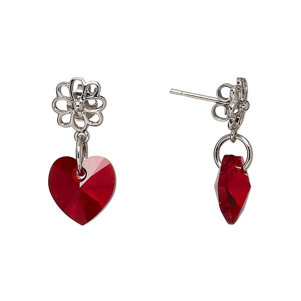 Earstud, Everyday Jewelry™, Crystal Passions® and silver-plated "pewter", Siam, 21mm with flower and heart. Sold per pair. image number 0
