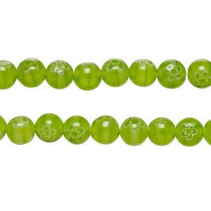 Bead, millefiori glass 1pkg1, translucent white and light green, 6mm round, 15 inches.