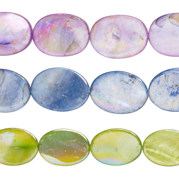 Bead mix, mother-of-pearl shell (bleached / dyed), multicolored AB, 16x12mm-20x15mm flat oval with 0.4-0.6mm hole, Mohs hardness 3-1/2. Sold per pkg of (3) 15-inch strands. image number 0