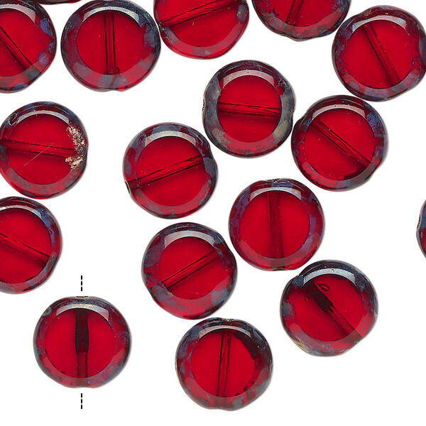 Bead, Czech pressed glass, pkg/25, travertine translucent dark red, 10mm puffed flat round. image number 0