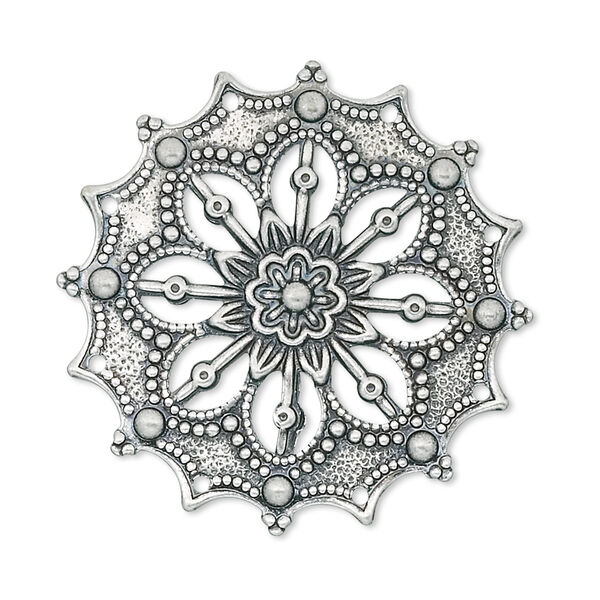 Focal, antique silver-plated brass, 34mm filigree flower. Sold per pkg of 10. image number 0