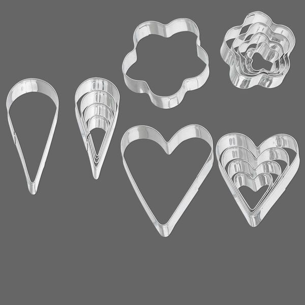 Shape cutters, steel, (5) 18x18mm-44x37mm graduated hearts / (5) 17x9mm-45x15mm graduated teardrops / (5) 11x10mm-30x29mm graduated flowers. Sold per 15-piece set. image number 0