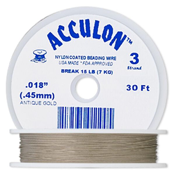 Beading wire, Acculon®, nylon-coated stainless steel, gold color, 3 strand, 0.018-inch diameter. Sold per 30-foot spool. image number 0
