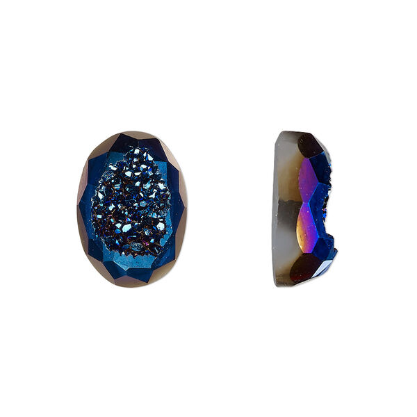 Cabochon, druzy agate (coated), blue, 14x10mm hand-cut loosely calibrated faceted oval, B grade, Mohs hardness 7. Sold individually. image number 0