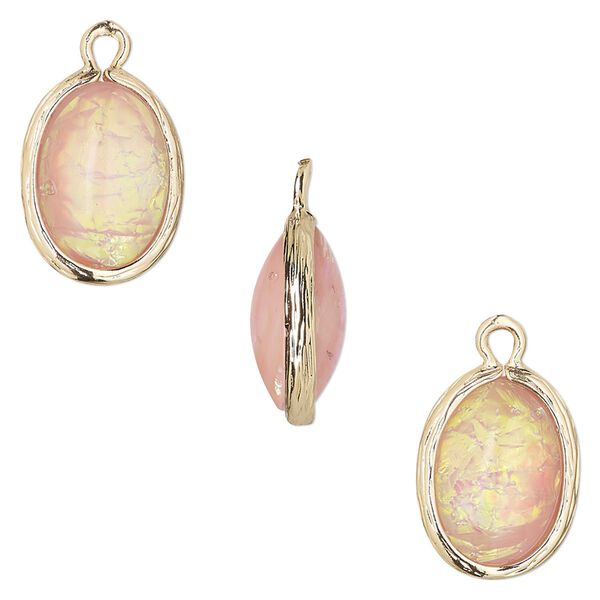 Drop, Opalized Ice™, "opal" (resin) and gold-finished brass, light pink, 16x12mm double-sided oval. Sold per pkg of 4. image number 0