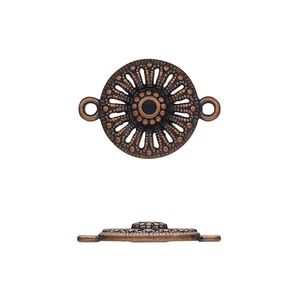 Link, antique copper-finished "pewter" (zinc-based alloy), 15mm single-sided round with cutout flower and beaded design. Sold per pkg of 20.