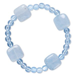 Bracelet, stretch, quartz (dyed) and acrylic, blue, 5mm round and 14-15mm flat square, 6-1/2 inches. Sold individually.