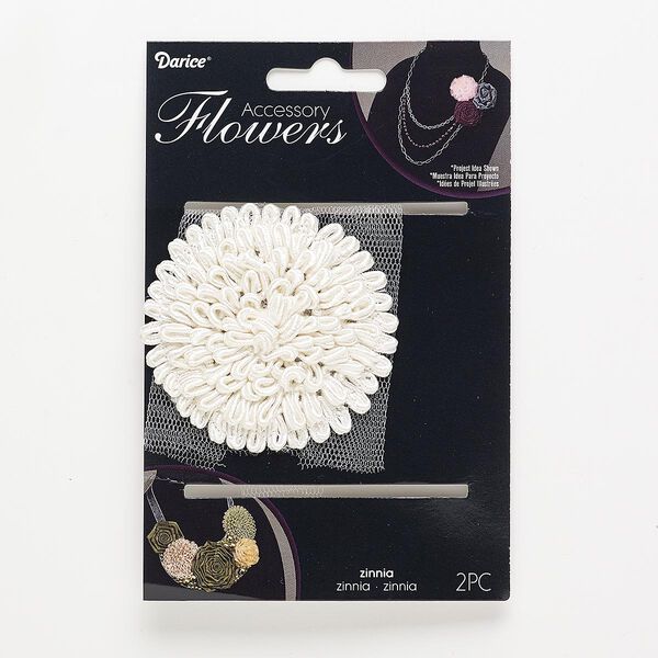 Sew-on component, fabric, white, 66-68mm zinnia flower. Sold per pkg of 2. image number 0