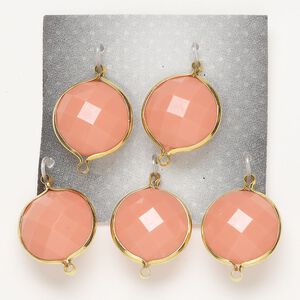 Link, acrylic and gold-finished "pewter" (zinc-based alloy), opaque pink, 18mm faceted double-sided round. Sold per pkg of 5.