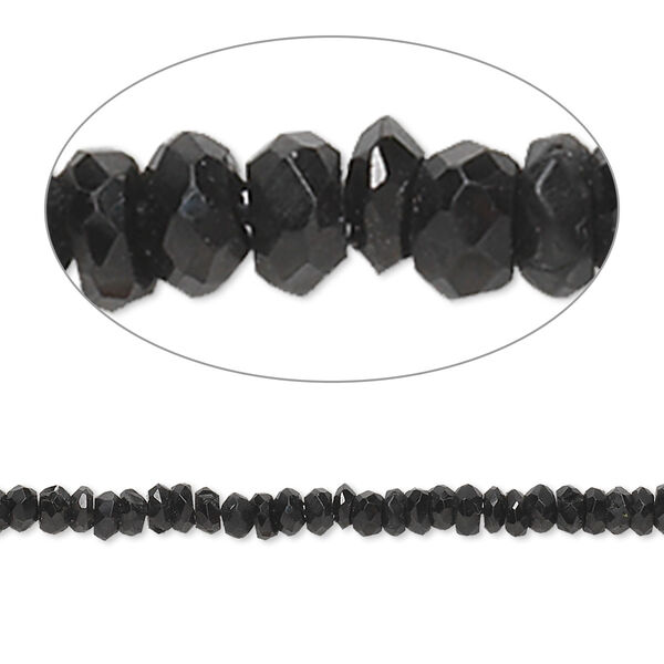 Bead, black spinel (natural), 2x1mm-4x2mm hand-cut faceted rondelle, B- grade, Mohs hardness 8. Sold per 13-inch strand. image number 0