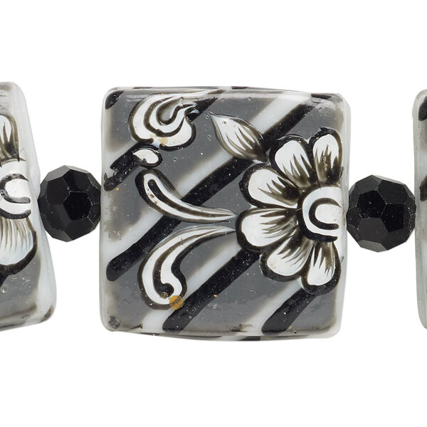 Bead, lampworked glass, black / grey / white, 8mm faceted round and 25mm double-sided flat square with hand-painted flowers and stripes. Sold per 7-inch strand. image number 0