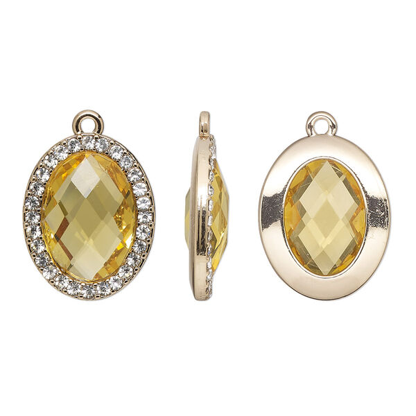Drop, glass / glass rhinestone / gold-finished "pewter" (zinc-based alloy), clear and transparent citrine yellow, 23.5x19mm single-sided oval. Sold per pkg of 2. image number 0