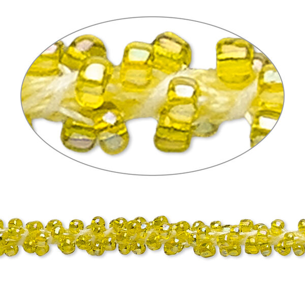 Seed bead cord, glass and nylon, yellow / white / transparent rainbow yellow, 6mm hand-crocheted #11 round. Sold per pkg of 10 feet. image number 0
