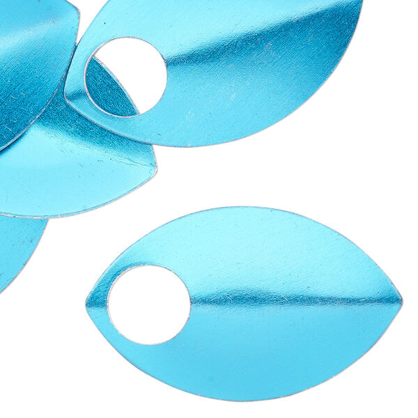 Component, anodized aluminum, light blue, 36x22mm 2-sided curved scale blank with 8mm hole, 20 gauge. Sold per pkg of 20. image number 0