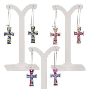 Earring mix, mylar / imitation rhodium-plated steel / "pewter" (zinc-based alloy), multicolored, 2-1/2 inches with cross and kidney ear wire. Sold per pkg of 3 pairs.