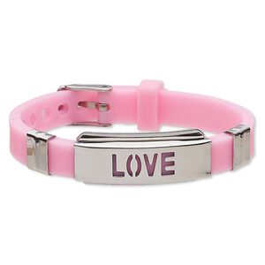 Bracelet, Softique™, silicone and stainless steel, pink, 16mm wide with 39x16mm curved rectangle and cutout "LOVE," adjustable from 5-1/2 to 7-1/2 inches with buckle-style closure. Sold individually.