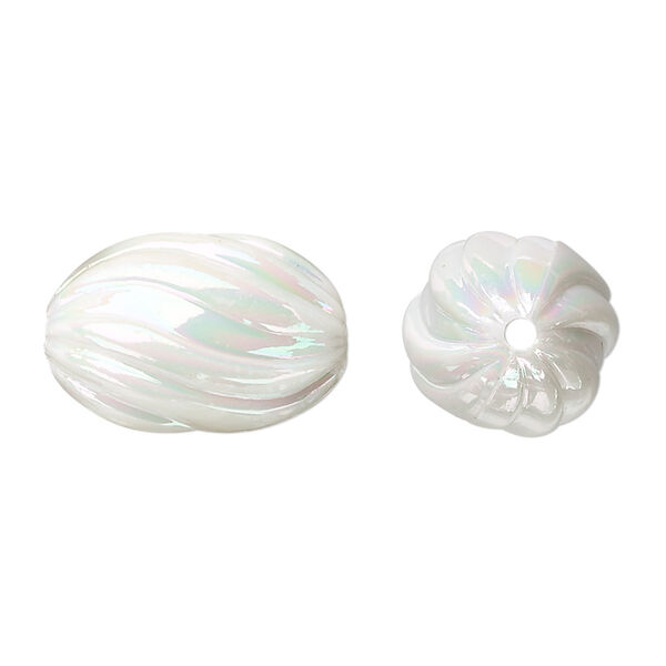 Bead, acrylic, white AB, 20x13mm fluted oval. Sold per 100-gram pkg, approximately 50 beads. image number 0